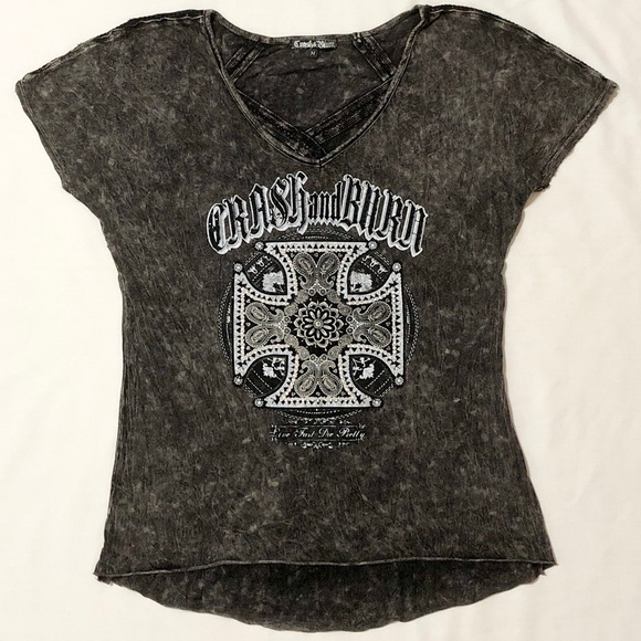 Crash & Burn Women’s Black S/S Graphic T-shirt with Rhinestone Studded Cross - M - Picture 3 of 17